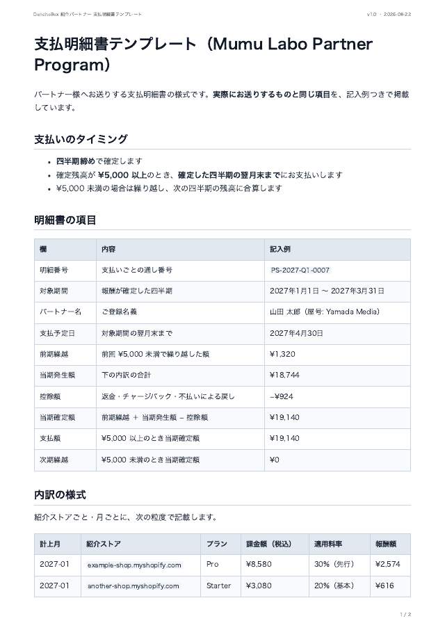 支払明細書テンプレート（PDF）の1ページ目