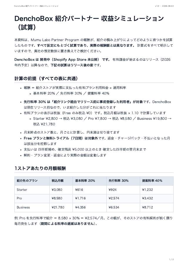 収益シミュレーション（PDF）の1ページ目
