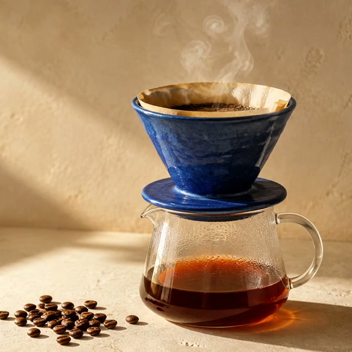 架空のコーヒー店の動画サンプル。青いドリッパーと湯気の立つコーヒー（生成素材）。
